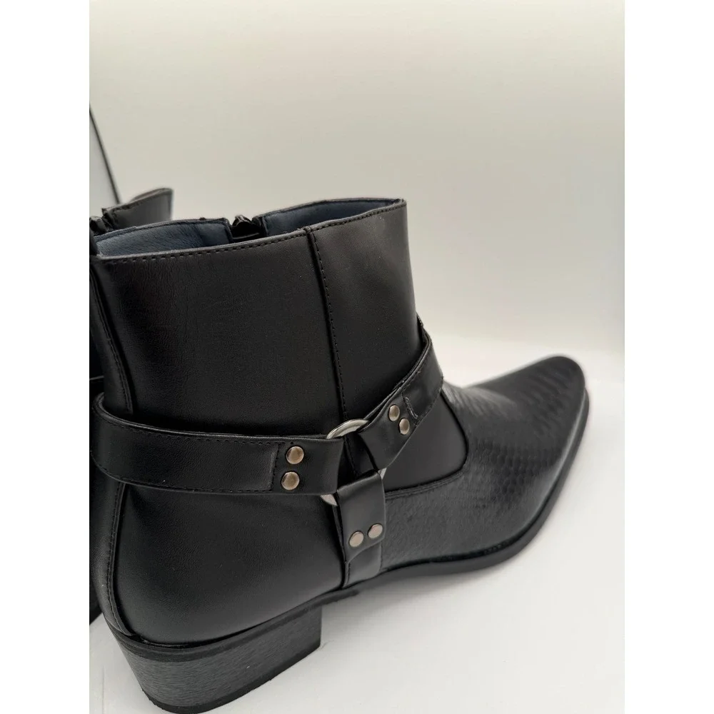 Alberto Fellini Men Black Snakeskin Texture Harness Ankle Boots Side Zip Size 13